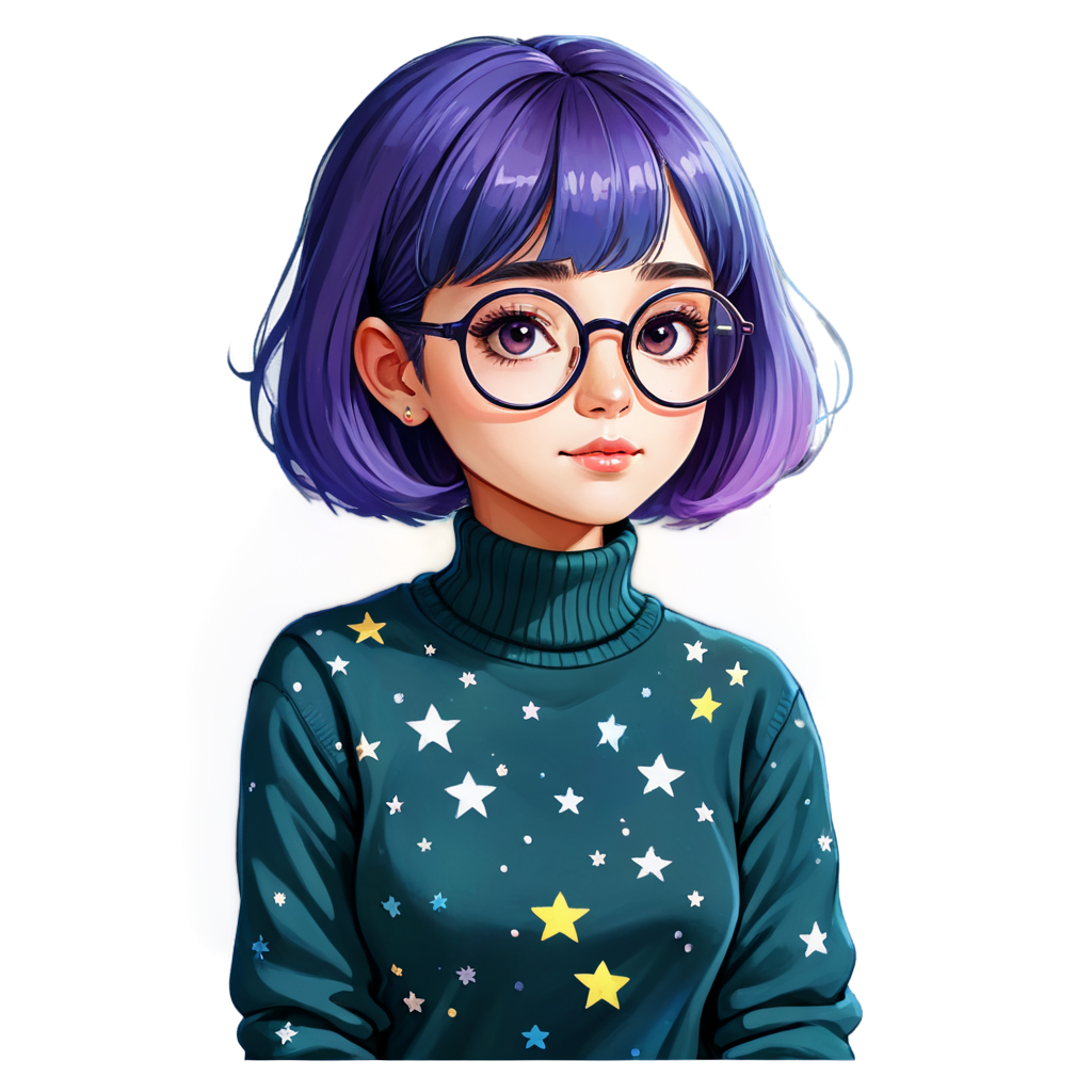 Children's picture book style,female character,galaxy-themed clothing,turtleneck sweater,glasses,short hair,blue hair with a hint of purple,big round eyes,stars,trees silhouettes,vibrant colors,celestial,portrait,colorful,modern art,Illustration, - icon | sticker