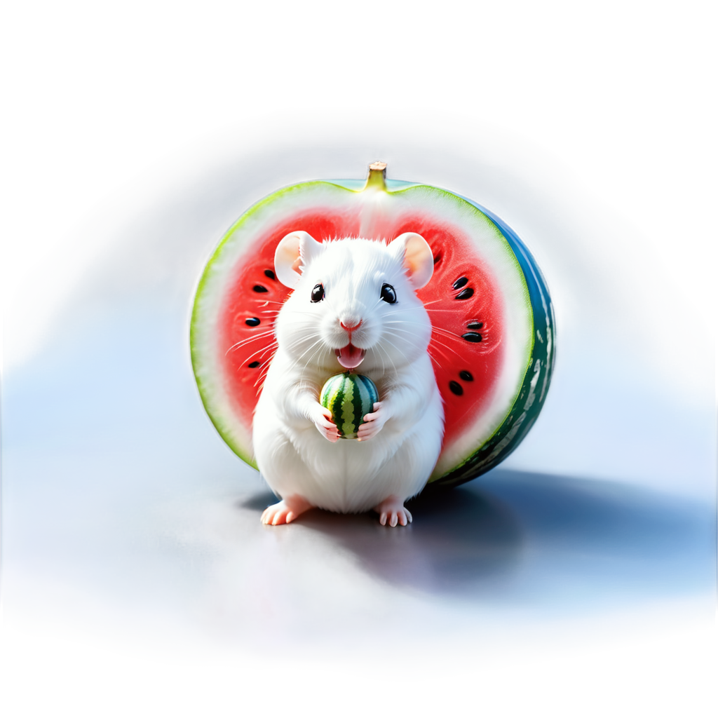 kawaiilogos,A captivating photograph of a white hamster,In the summer of Northeast China,in the watermelon field,eating watermelons in rural areas,Happy and joyful,Bright sunshine, - icon | sticker