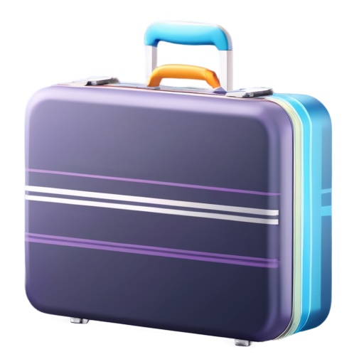 A flat design icon of a suitcase. The suitcase has a rectangular shape with rounded edges and a handle on top. It features simple details like a small luggage tag and subtle horizontal stripes. The main color is a bright orange, light blue, light purple, making it easily noticeable against the white background. - icon | sticker