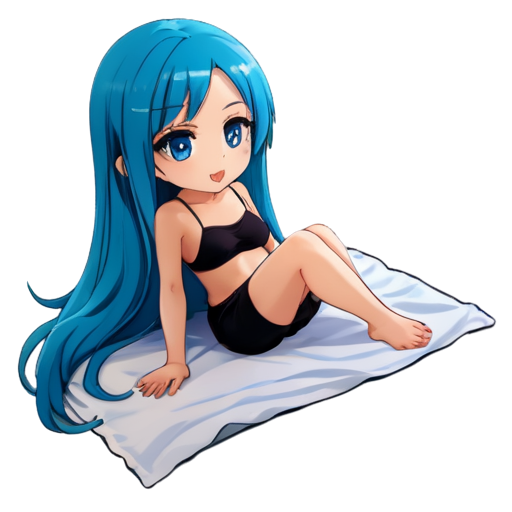 in anime style, day, girl, beautiful, blue-haired, slender, pretty, young, without shoes, on the bedroom, lying on the bad sand with her back up, heat, white blanket, feeding her baby with her salt, 2d anime character, white European appearance, young - icon | sticker