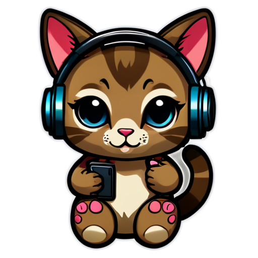 cat with headphones and phone - icon | sticker