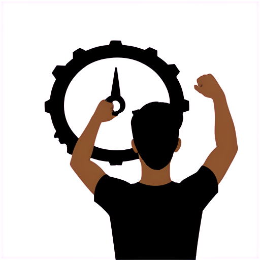 Black and white icon. In the style of the Font Awesome font. On a white background, a man holds in his hands raised up a gear, inside of which the clock hands show 3 o'clock. - icon | sticker