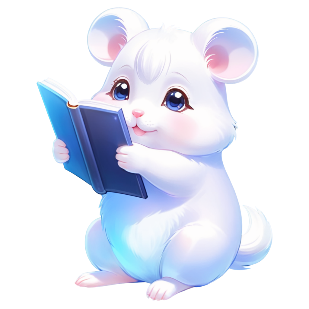 kawaiilogos,a cute little white hamster, animal focus, ribbon bow on head, fluffy, on a desk, holding a book, reading a book, looking up, curious face,adorable kawaii, chibi, muxiaobai, - icon | sticker