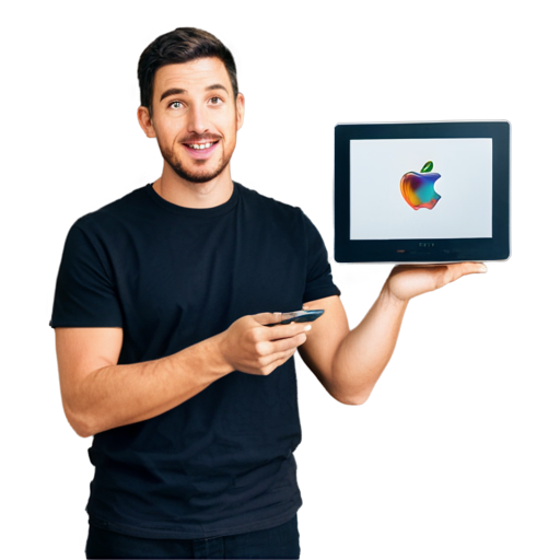 an image of a man up to his chest demonstrates a tablet with a picture with noise from old TVs, while with his right hand he breaks an apple on the screen, part of the apple flows down the tablet - icon | sticker