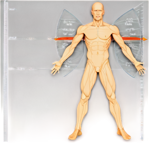 A stoic and overly muscular Vitruvian man standing in an austere circular room. His body is anatomically accurate and technically rendered, revealing every tendon, vein and muscle beneath translucent pale skin. His eyes are tightly closed, as if he is shutting himself out from the world around him. The man is visible only from the waist up; he has four arms. He holds one pair of arms down at an angle of 45 degrees to the body, the second pair of arms extends to the sides parallel to the lower plane. His body appears to mirror the complex diagrams and equations that decorate the chamber's walls, hinting at the complex systems that control his form. - icon | sticker