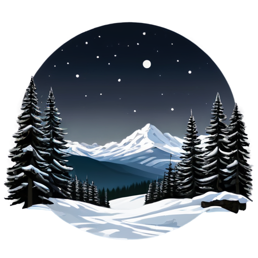 nighttime mountain landscape with snowy peaks, forest, and moonlight - icon | sticker
