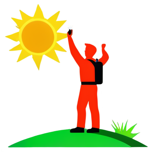 A square mobile phone gaming app icon featuring a cheerful and happy man standing on top of a rugged, majestic mountain peak with a grassy mountainside. The man is raising one ice pick upwards in triumph with his raised hand. The scene includes a clear sky with a bright sun. The design is extremely minimalistic, using bold and bright, highly contrasting colors with very few details. The man is dressed in simple climbing gear and takes up most of the image. The icon fills the entire square and is optimized for mobile devices and ensures cross-platform compatibility. - icon | sticker
