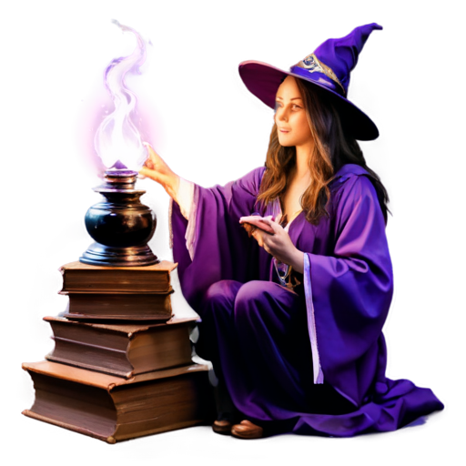 Logo magic and mystical, purple, violet, golden shades, white background, a female wizard is sitting on a pile of ancient books and holding a magician lantern in her hand - icon | sticker