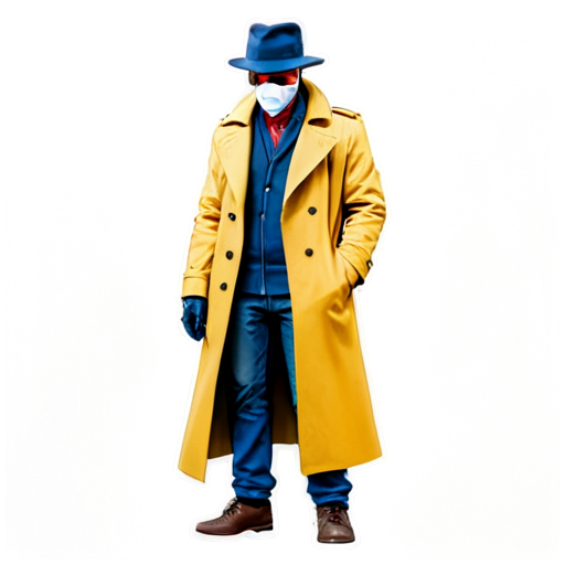 Epic full-body illustration of Rorschach, standing menacingly with his mask, urban alley background, trench coat and hat, intense and mysterious expression, dynamic lighting, high-definition, realistic style. - icon | sticker