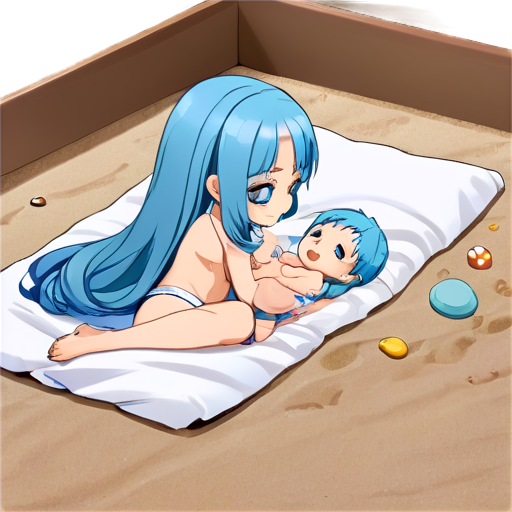 in anime style, day, girl, beautiful, blue-haired, slender, pretty, young, without shoes, on the bedroom, lying on the bad sand with her back up, heat, white blanket, feeding her baby with her salt, 2d anime character, white European appearance, young - icon | sticker