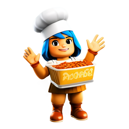 Create an image of 512 by 512 pixels and depict there how the character of the game roblox falls with a tray of food in his hand in a cook's costume and make an inscription at the bottom of the icon Your fast food restaurant - icon | sticker