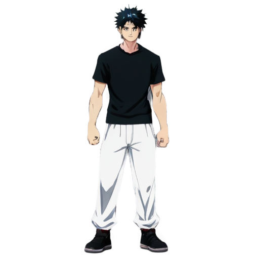 Toji Fushiguro from manga and anime ‘Jujutsu Kaisen’. Toji is tall and has a great physique, he has a middle- length straight black hair, hair is a little bit messy. He wears a black compressed T- shirt and sports white baggy training pants. - icon | sticker