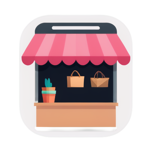 I want an Icon for a mobile app, having the color theme be Pink/Purple with black background. Showcasing a bazaar stall. - icon | sticker