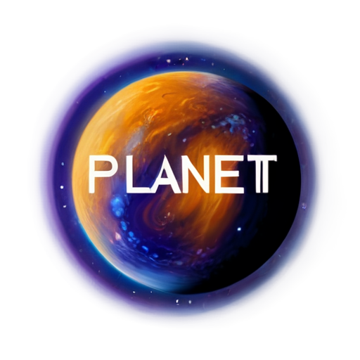 "A planet in shades of orange with small white rings on a black background, surrounded by stars and nebulae in violet, blue, and orange. The word 'PLANET' is displayed below in ornate letters, with colors in orange, blue, and violet." - icon | sticker