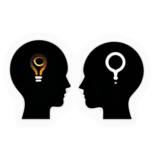 Create a minimalist 2D icon depicting two people in dialogue. The design should: 1. Show two stylized human figures facing each other, suggesting they are in conversation. 2. Incorporate a visual element between or above the figures representing idea generation, such as a lightbulb or thought bubble. 3. Use simple geometric shapes and clean lines to maintain a minimalist aesthetic. 4. Add subtle shadow effects to create a sense of depth without overwhelming the design. 5. Include a few intersecting lines strategically placed to add visual interest and dynamism. 6. Balance simplicity with engaging design elements to avoid being overly plain or boring. 7. Ensure the overall composition clearly communicates the concept of dialogue and ideation. 8. Limit the color palette to no more than 3-4 colors to maintain the minimalist feel. The final icon should be suitable for use at various sizes while remaining clear and visually appealing. - icon | sticker