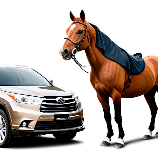 Toyota Highlander at night, a woman wearing black stockings and a horse head cover stands in front of the car, leaning against the front of the car and smoking - icon | sticker