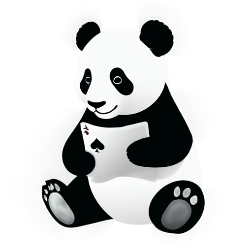 Sitting baby panda holding a deck of cards, black and white, ultra simplistic - icon | sticker