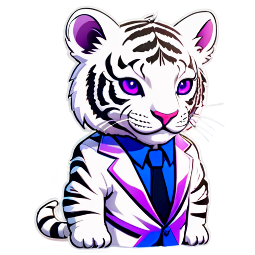 A white tiger face in a white and purple suit, synthwave aesthetic, flat - icon | sticker