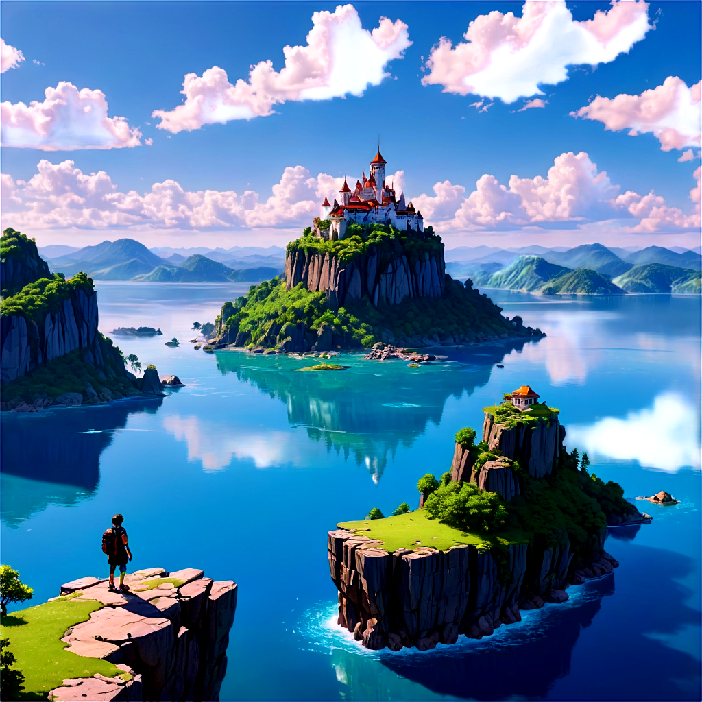 a lone traveler stands atop a rocky outcrop, gazing upon a breathtaking vista of floating islands, a glowing crystalline castle, and serene blue waters. The skies above are painted with fluffy white clouds, and the landscape below is dotted with green meadows, trees, and a few distant structures. - icon | sticker