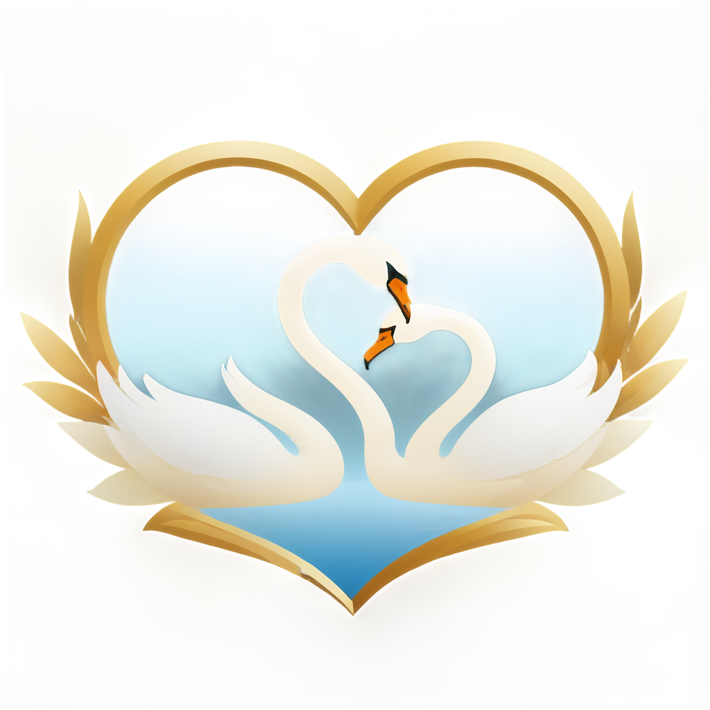 (badge design: 1.3), Swans forming a heart shape on a lake, surrounded by lilies.bilateral symmetry,Elegant color scheme of white, gold, and light blue. Terada Katsuya inspired style with gradient colors, simple solid color background. Cartoon cute art style, - icon | sticker