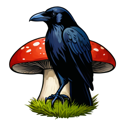 Huginn Raven, Mushroom Icon, Dark Tones, Mystical Fungus, Norse Symbol, Simple Design, Organic Shape - icon | sticker