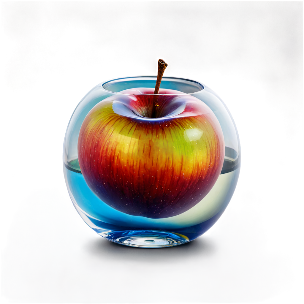 a full-view shot of a (glass apple:1.0), filled with colorful clouds. bursting with Jupiter. vibrant, perfect anatomy,sharp edges, detailed textures, ((full body shot)), atmospheric lighting, visually stunning, perfect composition, trending on behance - icon | sticker