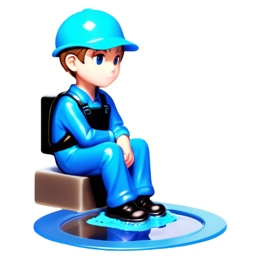 A man in blue overalls and black boots with dried mud on his toes looks into an open sewer manhole - icon | sticker