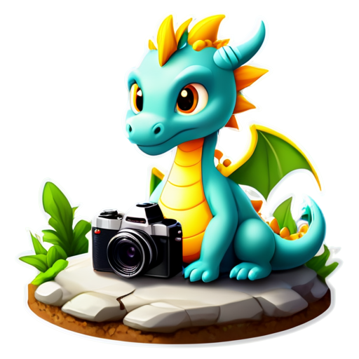 The object is a dragon filming the landscape of the fairy kingdom with a small video camera - icon | sticker