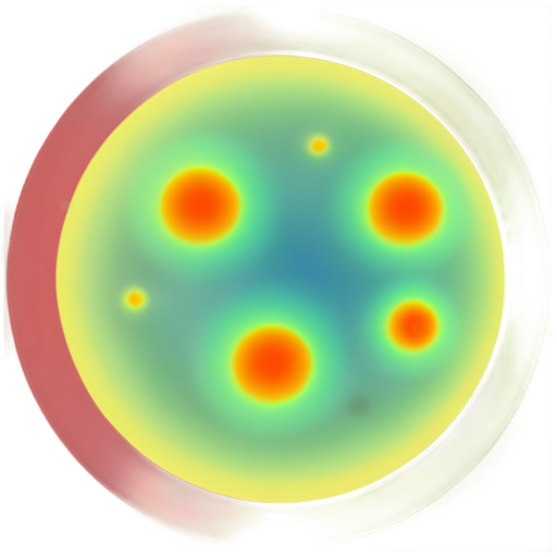 Cartoon image of CHO cells on a plate as taken from a fluoview confocal microscope, with cellular features all in the same color, but with clean borders around cells. The cells are irregularly shaped, with lonky projections. Many individually discernable cells are present and evenly spaced accross the plate. - icon | sticker