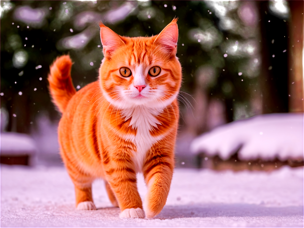 orange tabby cat,walking,snow,traditional Chinese architecture,sunlight,winter,focused,outdoor,close-up,furry,cold weather,movement,animal portrait,vibrant color,clarity,shallow depth of field,falling snowflakes,daytime,fluffed tail, - icon | sticker