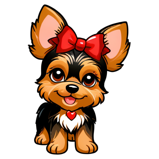 brown female yorkie dog, smiling, has large ears drooping down, big black eyes, wearing a red hair bow on top of hair, - icon | sticker