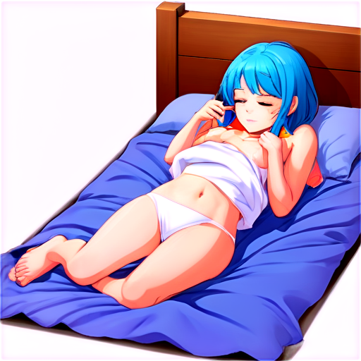 in anime style, day, girl, beautiful, blue-haired, slender, pretty, young, without shoes, on the bedroom, lying on the bad sand with her back up, heat, white blanket, feeding her baby with her salt, 2d anime character, white European appearance, young - icon | sticker