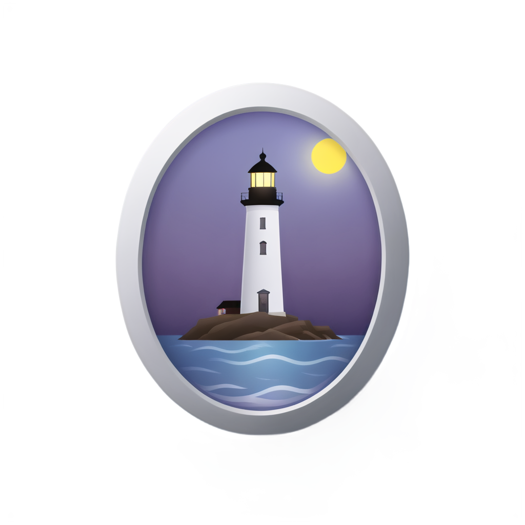 badge design,Cartoon badge featuring a lighthouse with a glowing light at dusk,the sea waves gently crashing nearby. The background is a dusky purple, - icon | sticker