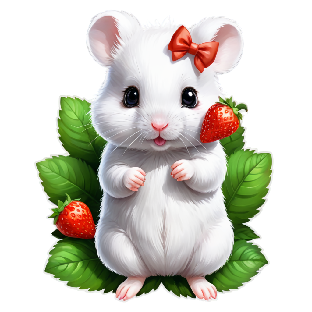 kawaiilogos,a cute little white hamster, animal focus, ribbon bow on head, fluffy, outdoors, among plants, holding a strawberry,adorable kawaii, chibi, muxiaobai, - icon | sticker