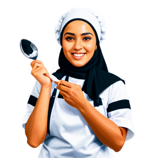 vector 2D close up black and white woman chef with hijab and smiling hold a spoon and knife - icon | sticker