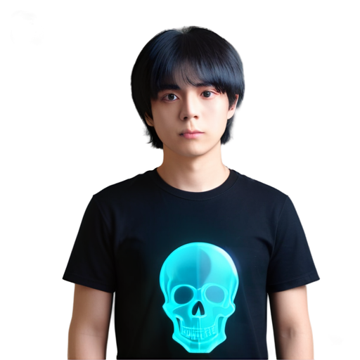 a young man in a black t-shirt and black hair with print of skull - icon | sticker