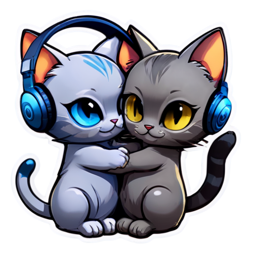 two scifi cats with headphones hugging each other - icon | sticker