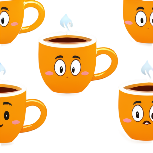 A fun and whimsical cartoon-style sprite sheet featuring flying mugs with eyes. Each mug contains a different liquid: one with coffee, one with green tea, and one with black tea. The mugs have smooth, rounded shapes and exaggerated proportions, as if modeled in Blender. The mug handles are positioned directly between the two eyes, forming a nose-like structure, with no beaks at all. The mugs float in the air with small wings on their sides, and their large, expressive eyes are on the front. The coffee mug is filled with dark brown liquid, the green tea mug with bright green liquid, and the black tea mug with deep amber liquid. The icons are designed with vibrant colors, soft shadows, and a transparent background, perfect for a playful game aesthetic - icon | sticker