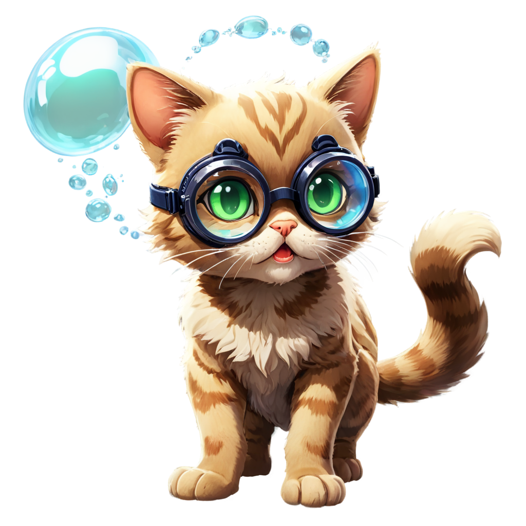 ixar style, MG_ip, cat, goggles, green eyes, bubble, open mouth, underwater, fangs, looking at viewer, solo, goggles on head, no humans, blush, air bubble, full body, animal, furry - icon | sticker