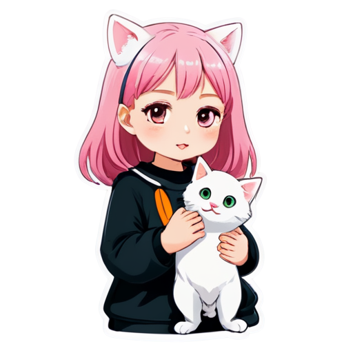 A girl with pink hair kisses a white cat - icon | sticker