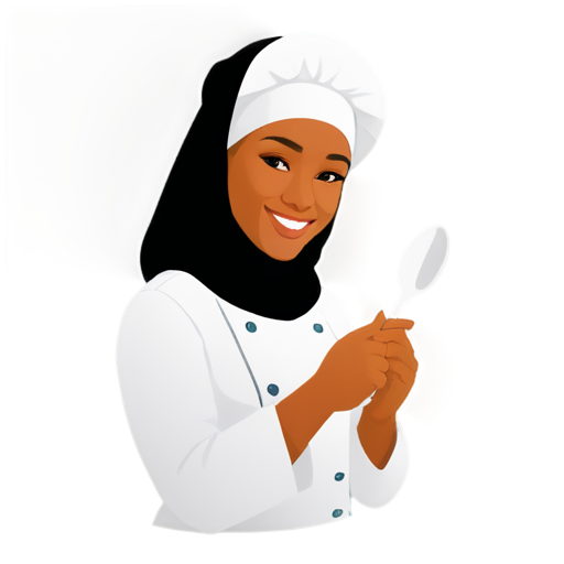 vector 2D close up black and white woman chef with hijab and smiling hold a spoon and knife for resto logo - icon | sticker