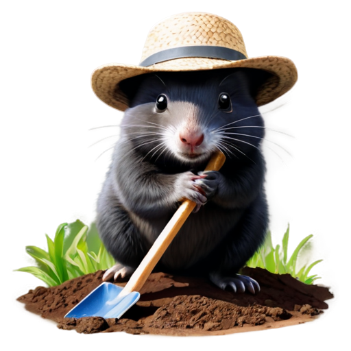 a small mole, in a straw hat and glasses, with a shovel in his paws, digging a hole, a pile of earth, butterflies, birds, grass, a garden wheelbarrow, earth in a wheelbarrow, sunny sky, white clouds - icon | sticker