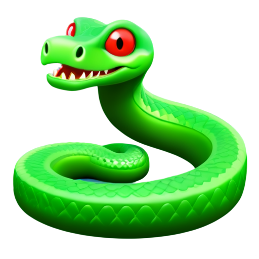 3D icon green snake with a coiled body and a slightly raised head, featuring red and black circular eyes. The snake has a small, protruding red forked tongue and is set against a solid white background. - icon | sticker
