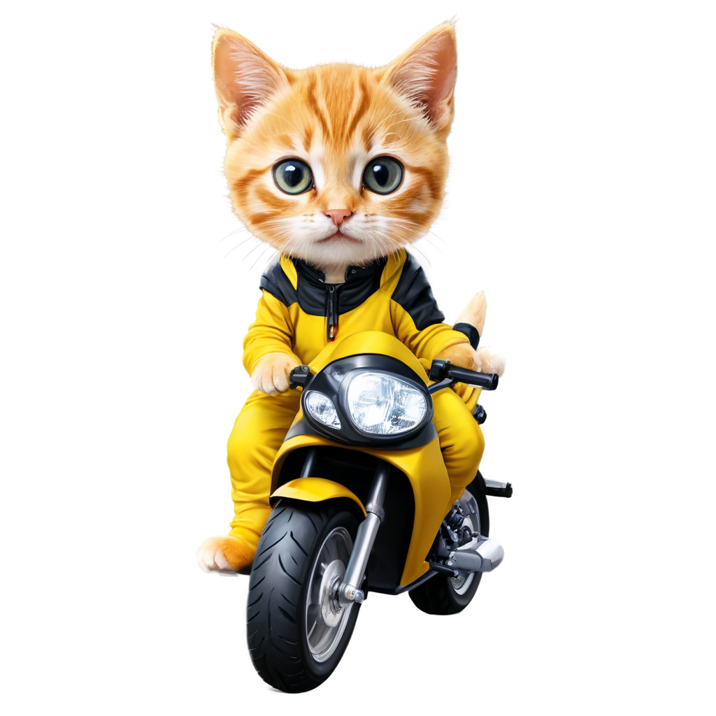 a super mini kitten, this cat is a takeaway worker, has beautiful eyes, wearing a yellow takeaway costume, riding a motorcycle, road background, anthropomorphic, photo real, - icon | sticker