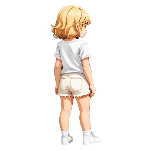 in a quieter bedroom, takes off white shorts to the knees, Anime, girl, looks like a dwarf, tiny, slim, young, pretty. back turned, curly blond hair, not a standard angle, white t-shirt oversize, the all body reliefs is visible through the white shorts - icon | sticker