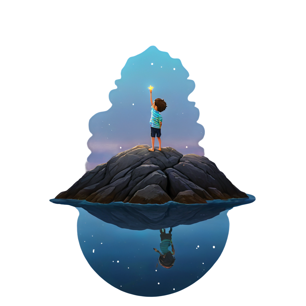 There is a rock in the middle of the sea,a boy stands on the rock in the middle of the sea and reaches out to pick the stars in the sky. ocean reflection,dawn blue,blue waves,happiness,dream fairy tale,fantasy,bright background,reflection,colourful,starry sky, - icon | sticker