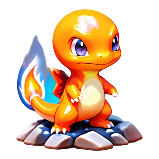 Epic full-body illustration of Charmander, standing in a fierce pose with its tail flame blazing brightly, rocky landscape background, detailed scales and textures, intense and determined expression, dynamic lighting, high-definition, realistic style. - icon | sticker