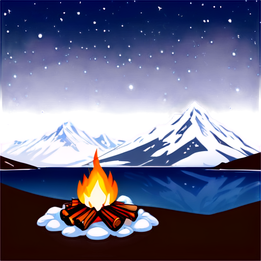 snowy mountains, horizon, iceberg, campfire, fantasy, mountain top, mountainous horizon, landscape, night, stars, milky way - icon | sticker