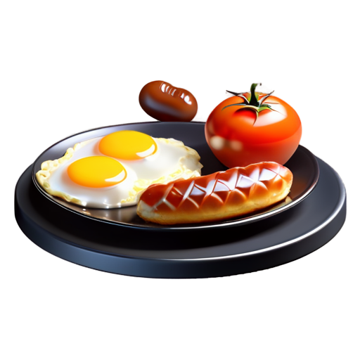 Round plate of big breakfast including, scrambled eggs, baked beans, a croissant, sausage, hashbrown and cut and grilled tomato and onions - icon | sticker