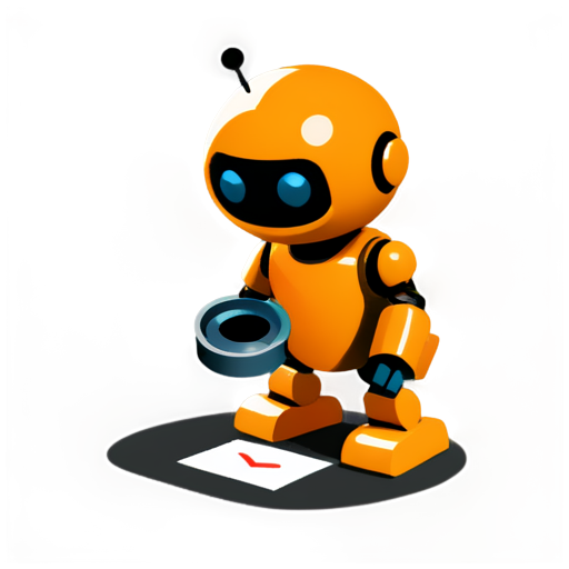 A simple robot, painted in orange and black, front and upper body, wearing a magnifying glass, squatting on the ground and marking its position with a red pen. - icon | sticker